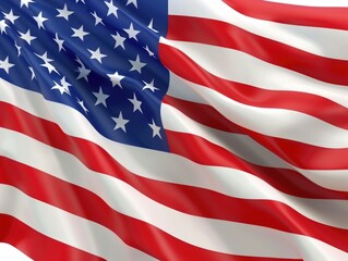 Obraz premium The American flag is waving in the wind. The flag is red, white, and blue. The stars are evenly spaced and the stripes are also evenly spaced. The flag is a symbol of the United States and its values
