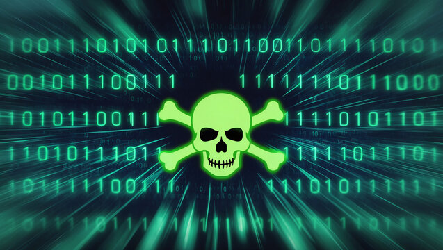 Digital Skull and Crossbones on Binary Code: Cyber Security Threat Visualization, Cyber World, Hacker Green Neon Style, Cybersecurity Threat and Hacking Concept