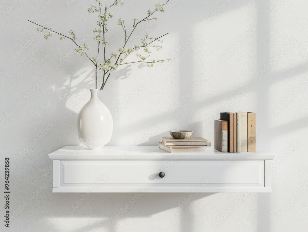 Aufkleber a white shelf with a vase and books on it. the books are arranged on the shelf and there are three o