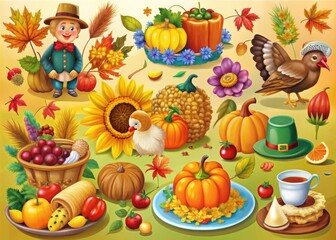 A Set Of Colorful And Playful Printable Pictures Depicting The Themes And Traditions Of Thanksgiving, Suitable For Various Craft Projects And Decorations.