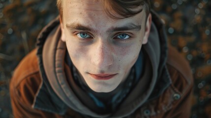 A young man with a beard and blue eyes is wearing a brown jacket and a black hoodie