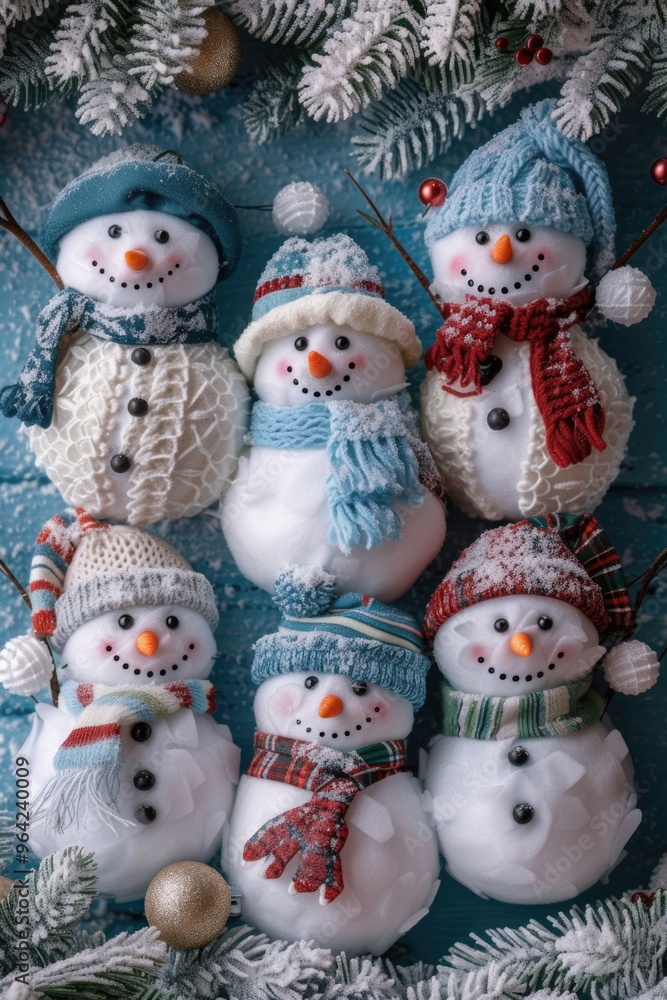 Aufkleber a group of snowmen are lined up with scarves and hats, all smiling. the snowmen are of different siz