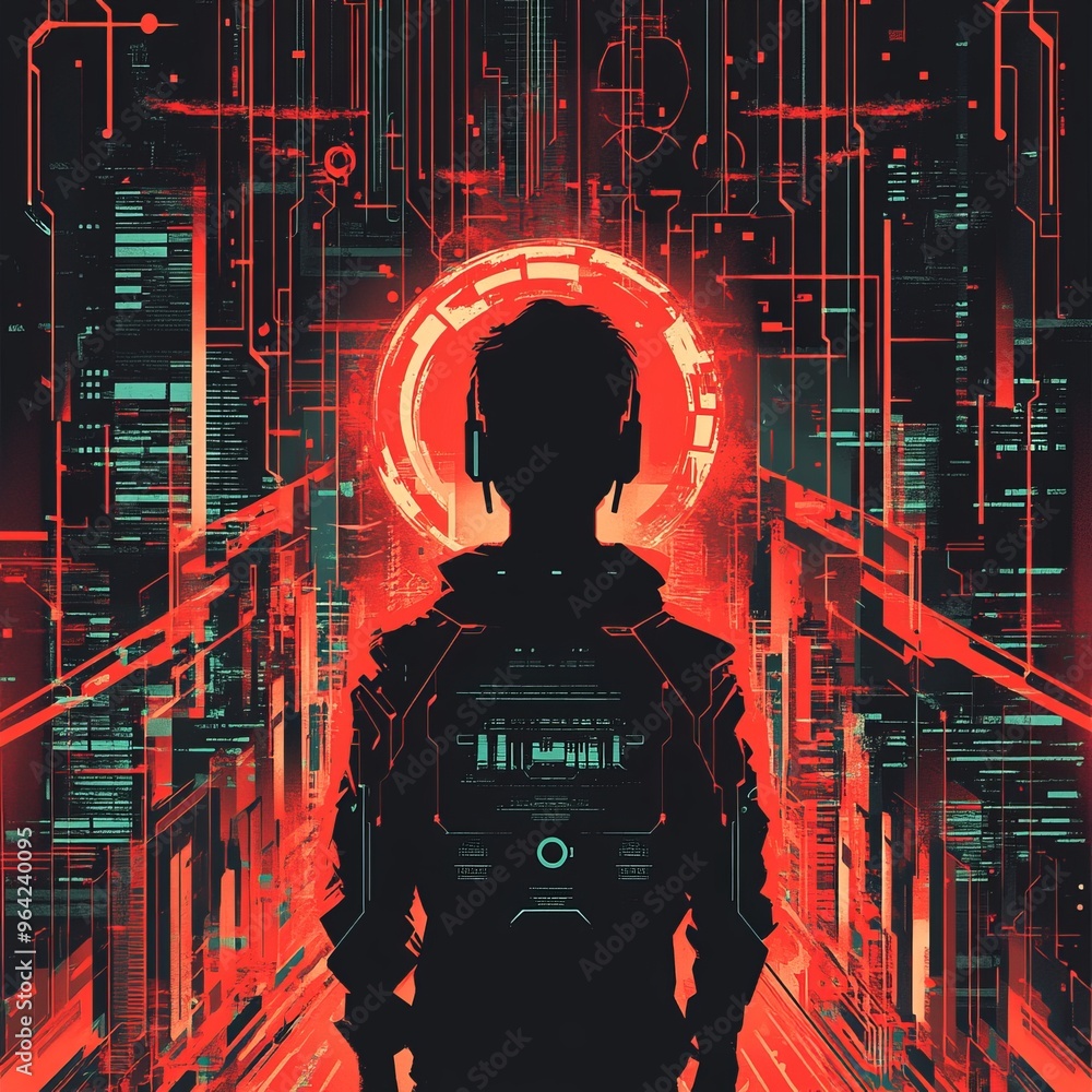 Wall mural Silhouette of a person in futuristic clothing with a red and green glowing background.