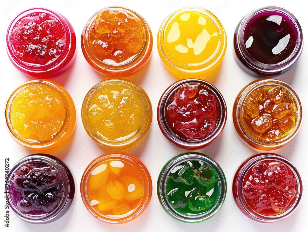 Poster a row of jars filled with different colored jams