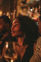 A woman with curly hair is sitting at a bar with a man and another woman. She is wearing a necklace and a pair of earrings