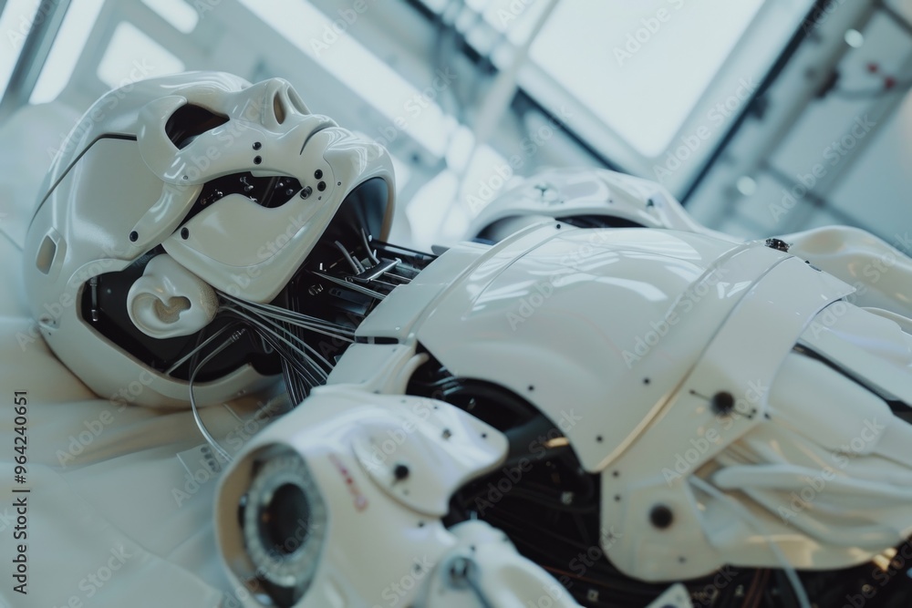 Poster a robot is laying on a bed with its head tilted to the side. the robot is made of metal and has a ro