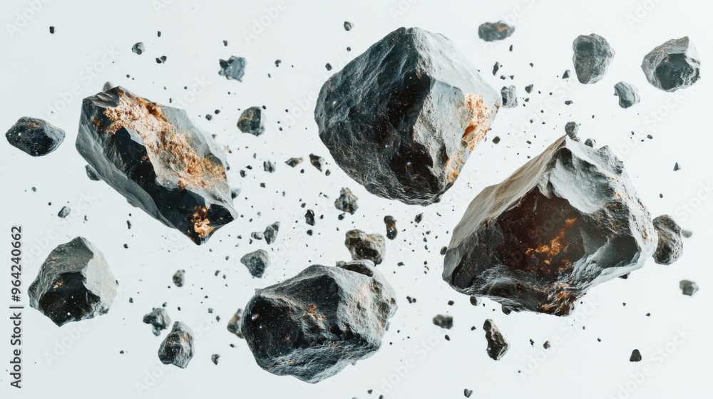 Poster a group of large and small meteorites floating freely in space