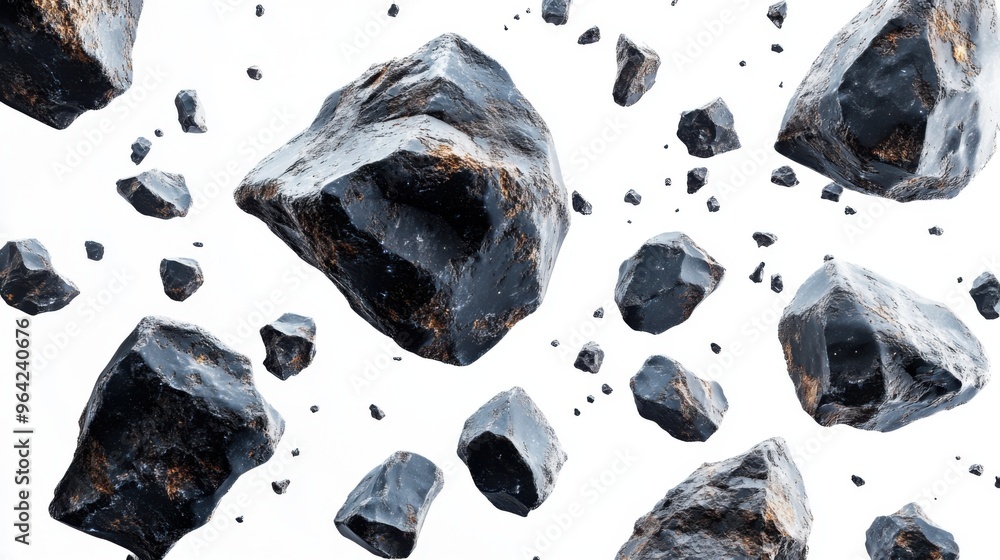 Poster a group of large and small meteorites floating freely in space