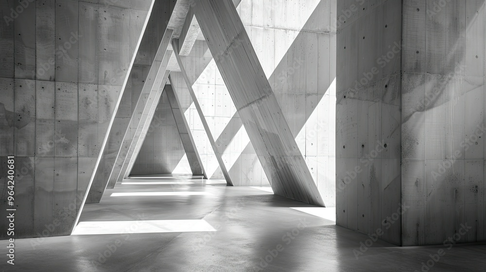 Poster a minimalist interior featuring concrete structures with angular designs and light casting dynamic s