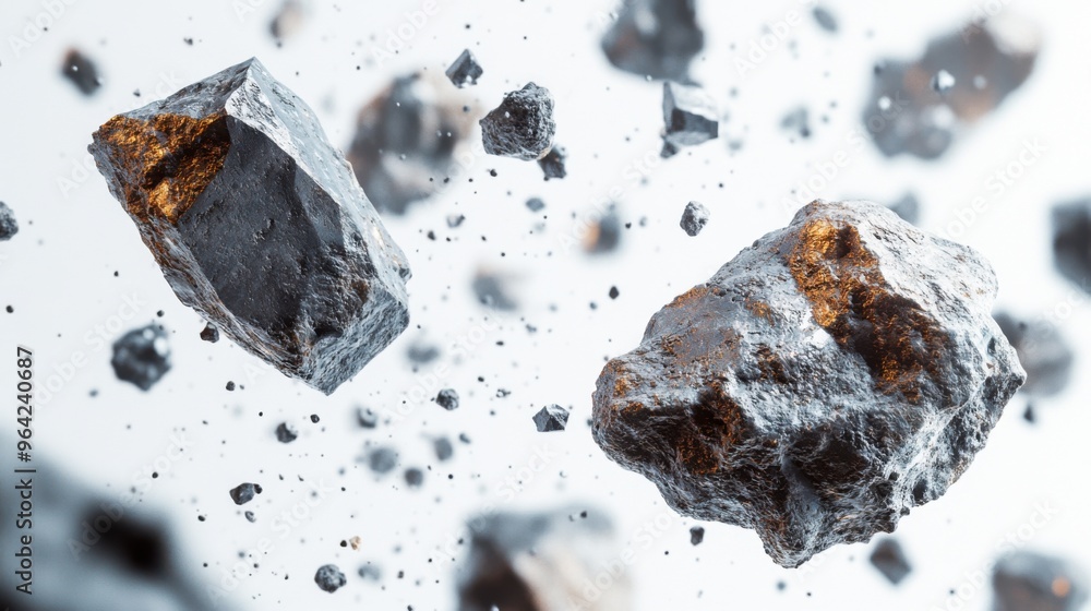 Poster a group of large and small meteorites floating freely in space