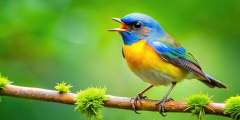 Fototapeta premium A small, brightly colored songbird with yellow belly and blue-gray feathers perches on a twig, tweeting sweet melodies in a lush green forest surroundings.