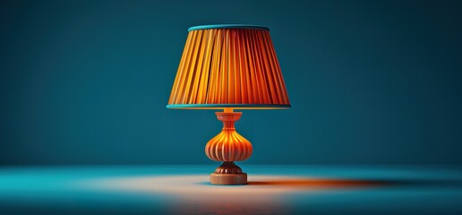 A vintage table lamp with a pleated orange lampshade illuminated against a dark blue background.