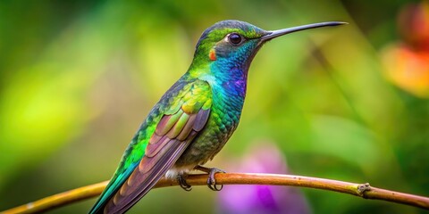 Fototapeta premium A Small, Iridescent Hummingbird With A Long, Pointed Beak And A Bright Green Head And Back