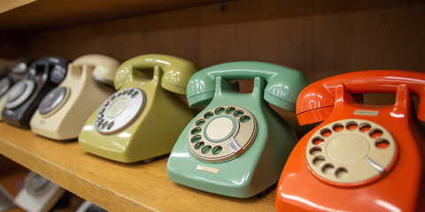 A row of old fashioned phones are lined up on a shelf. The phones are of different colors and styles, including a green and white one. The scene gives off a nostalgic and vintage vibe