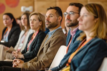 Diverse group of conference attendees in business attire, attentively listening, displaying engagement, diversity, and the professional atmosphere of the event.
