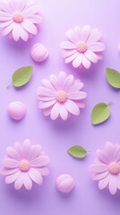 Obraz premium 3D cartoon purple flowers on floral background 