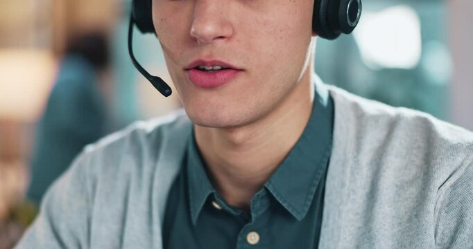 Call center, mouth and man talking for customer service, support or faq for crm. Closeup, telemarketing and contact with consultant on mic or multilingual agent to help foreign client with language