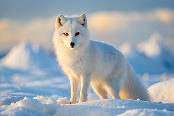 Obraz premium A solitary arctic fox with a thick white coat and piercing yellow eyes stands alert in a breathtaking winter landscape of snow-covered tundra and ice.