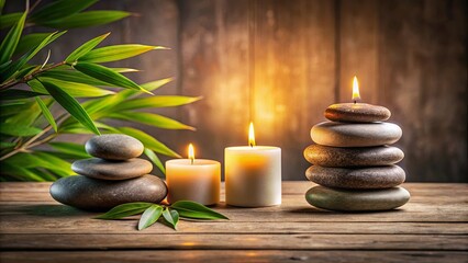 Zen spa setup with candles and stacked stones for relaxation and calmness