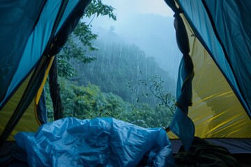 A camping tent in a nature hiking spot. view from inside the tent. the view is a rainy mountain forest in a misty morning