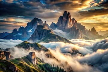 A Solitary Mountain Range Stretches Across A Rugged Landscape, Its Peaks Piercing The Clouds, Enveloped In An Ethereal Mist.