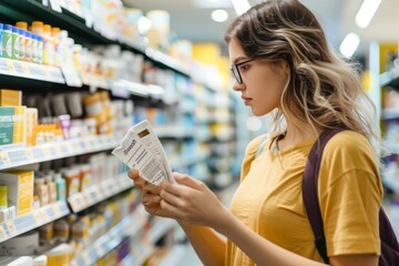 Woman browsing a grocery aisle, attentively reading product labels, depicting a conscientious approach to shopping and healthy lifestyle choices.