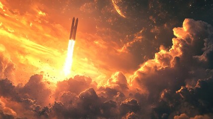 Space Launch Through Fiery Clouds