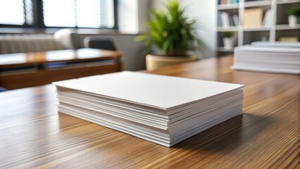 A Stack Of Clean, White Business Cards Is Lined Up Neatly On A Desk In An Office Environment.