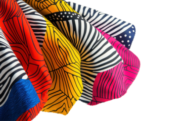 Geometric patterned fabric with bold red, yellow, and pink hues, featuring unique line art and contrast black and white stripes. Isolated on transparent background, png.