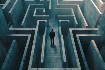 A solitary figure stands at the center of a vast, concrete maze, embodying the themes of solitude, decision-making, and the complexities of life's journey.