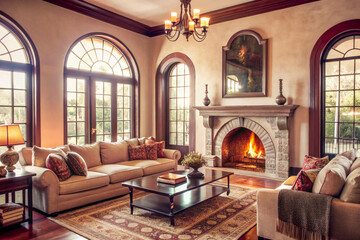 Luxurious Living Room with Grand Fireplace and Elegant Design Elements