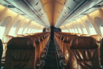 Obraz premium A warmly lit, empty airplane cabin with rows of comfortable leather seats, ready to welcome passengers for their journey.