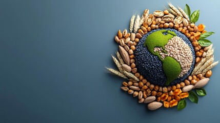 World food day banner, globe made of various grains, watercolor