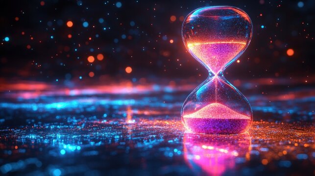 An hourglass with glowing sand on a dark background with glowing particles.