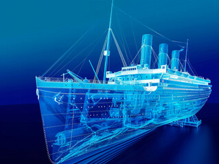 Titanic visualization with augmented reality Transparent Titanic in studio drawing in blue colors. Advanced Industry Research and Development.