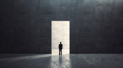 Obraz premium Solitary Figure Standing in Dimly Lit Room with Bright Open Doorway - Illustration of Hope and Transition