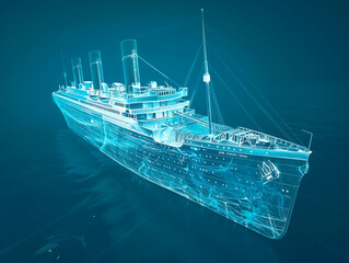 Titanic visualization with augmented reality Transparent Titanic in studio drawing in blue colors. Advanced Industry Research and Development.