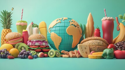 World food day parade, diverse foods marching around the globe, 3D flat design illustration, light pastel background