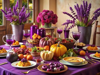 Naklejka premium A Table Adorned With Vibrant Purple Decorations And A Spread Of Traditional Autumnal Dishes For A Celebratory Thanksgiving Feast