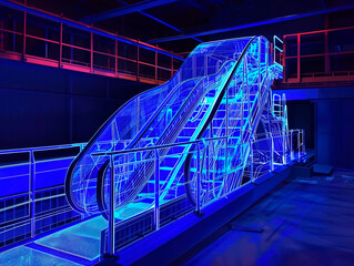 Fototapeta premium Titanic visualization with augmented reality Transparent funicular in studio drawing in blue colors. Advanced Industry Research and Development.