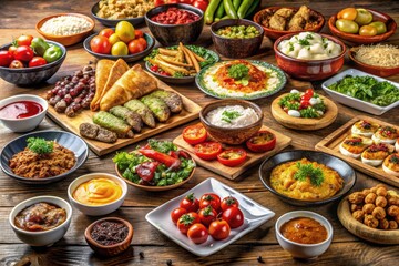 A Table Laden With A Variety Of Appetizing Dishes, Perfect For A Satisfying And Enjoyable Lunchtime Feast.