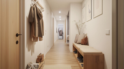 A compact hallway featuring a slim shoe storage cabinet that also serves as a small bench for seating, paired with a narrow coat rack