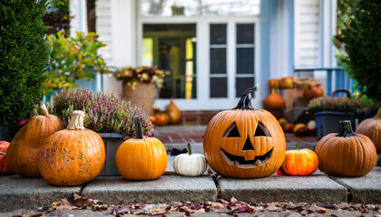 Obraz premium Halloween pumpkins and decorations outside a house. Night view of a house with halloween decoration, digital ai illustration