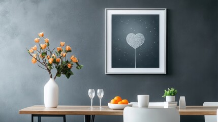 Acrylic painting of a moonlit garden, framed in silver, romantic dining room, Valentine's Day setting