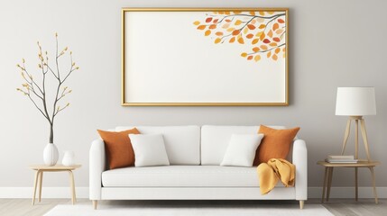 Acrylic painting of autumn leaves in a gold frame, cozy living room setting, Thanksgiving theme