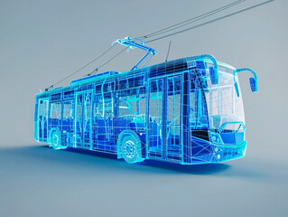 Trolleybus visualization with augmented reality Transparent trolleybus in studio drawing in blue colors. Advanced Industry Research and Development.