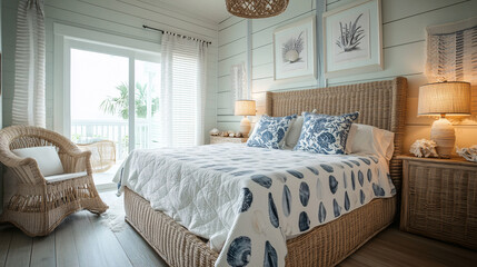 A cozy beach house bedroom with a king-sized bed, nautical-themed bedding, wicker furniture, and sea shell decor. The room has a soothing color palette of whites and blues