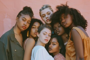 Obraz premium A group of diverse women stands closely together, exuding unity, strength, and friendship against a softly lit backdrop.