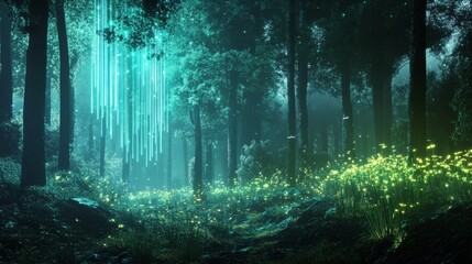 Fototapeta premium Bioluminescent Forest: Futuristic Glade with Tech-Embedded Trees 1