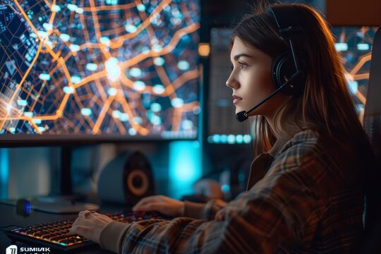 Focused Female Operator Monitoring Data Flow on Multiple Screens in a Technological Control Room